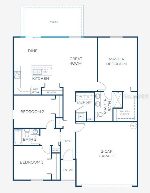 This floor plan shows a three-bedroom, two-bathroom home with a two-car garage and rear patio — 3104 MANDRELL AVENUE, SPRING HILL, FL