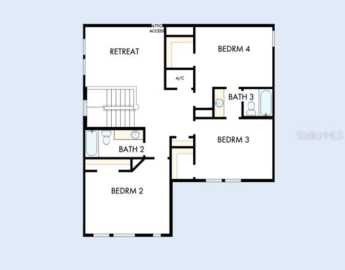 This floor plan shows the upper level of a home with three bedrooms and two bathrooms — 5166 CREEK SAND DRIVE, APOLLO BEACH, FL