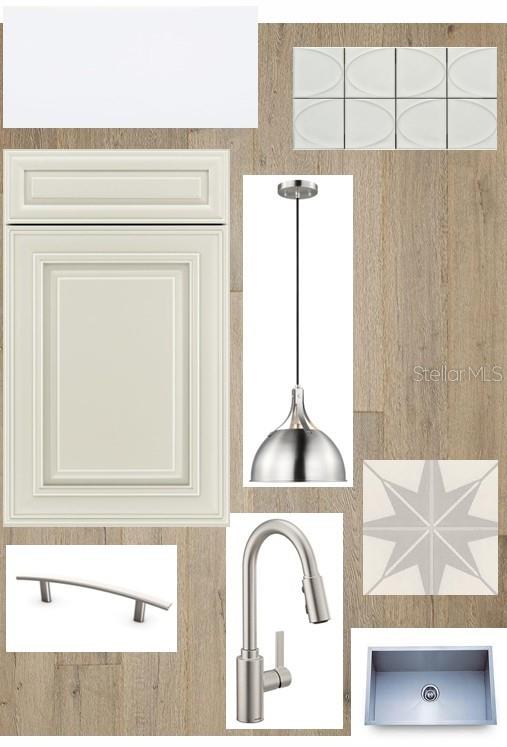 This design board displays kitchen finishes including cabinetry, flooring, hardware, lighting, a faucet, and tiles — 5166 CREEK SAND DRIVE, APOLLO BEACH, FL