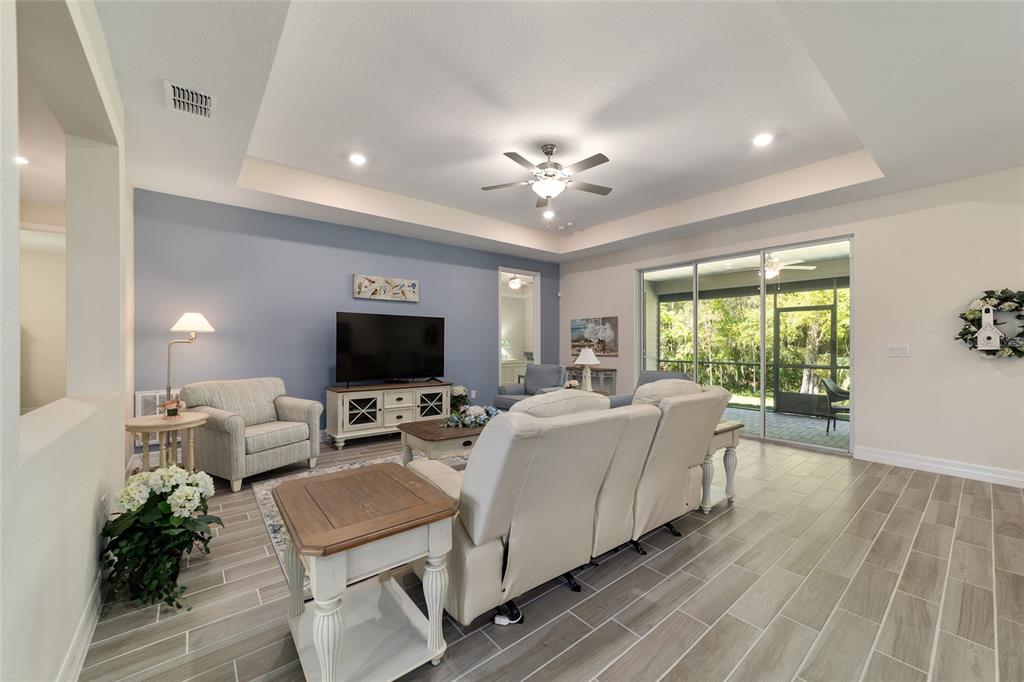A living room features a tray ceiling, light blue accent wall, and sliding glass doors — 1129 SE 42ND ROAD, OCALA, FL