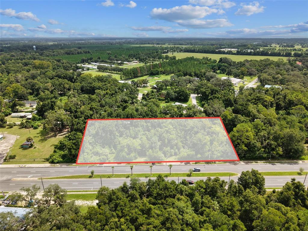 An aerial view shows a rectangular, wooded plot of land outlined in red beside a road — 000 S MAIN STREET, CHIEFLAND, FL