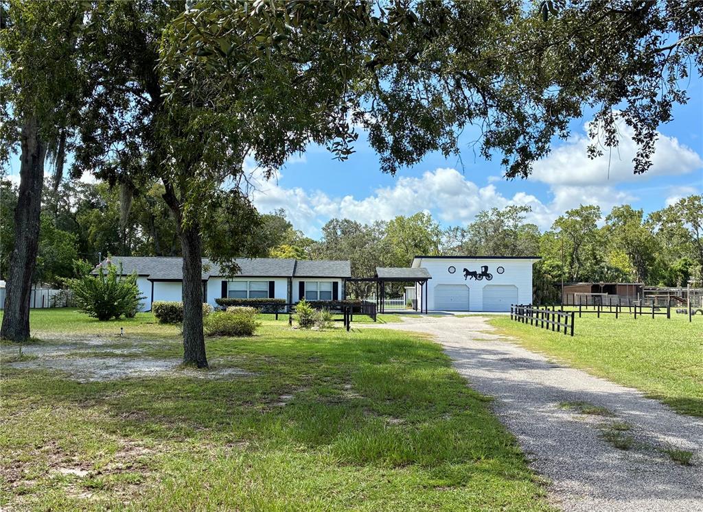 A single-story house with a detached garage sits on a grassy lot with trees — 17620 CHORVAT AVENUE, SPRING HILL, FL