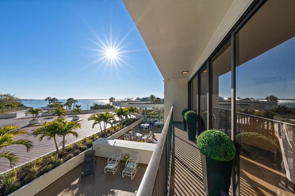 A balcony overlooks a paved courtyard with palm trees and a view of the water — 8 BELLEVIEW BOULEVARD UNIT 203, BELLEAIR, FL