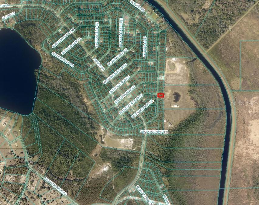 This is an aerial map showing a residential neighborhood with a highlighted plot of land — SEQUOIA DRIVE, OCKLAWAHA, FL