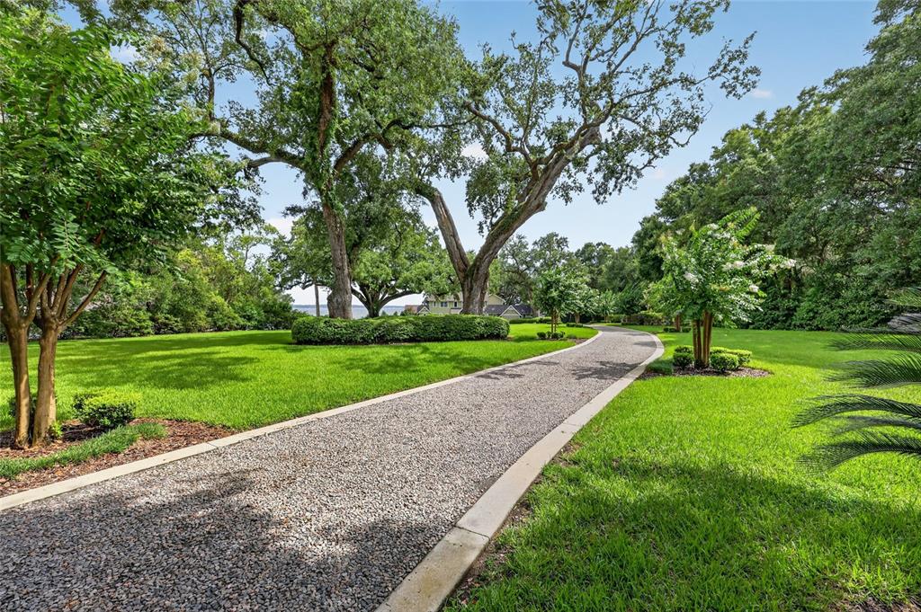 A gravel driveway curves through a lush green lawn toward a house shaded by trees — 12950 E HIGHWAY 25, OCKLAWAHA, FL