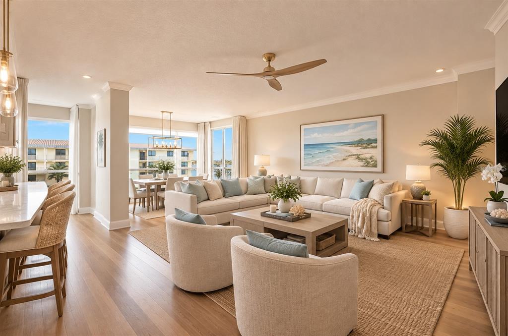 An entryway with tiled floors leads into a living room with hardwood flooring and furniture — 660 ISLAND WAY UNIT 708, CLEARWATER BEACH, FL