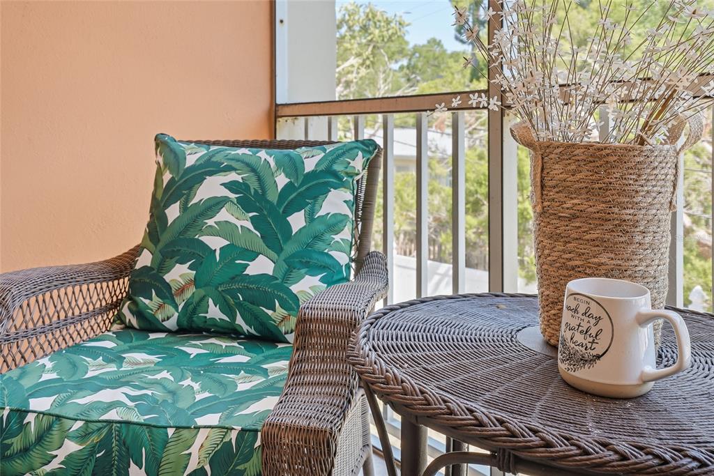 A screened-in balcony features two wicker chairs with tropical-print cushions and a small round table — 952 VIRGINIA STREET UNIT 202, DUNEDIN, FL