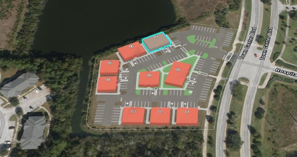 This is a site plan rendering showing multiple commercial buildings and parking lots — 30 EXCHANGE LOOP LOOP UNIT 7, PALM COAST, FL