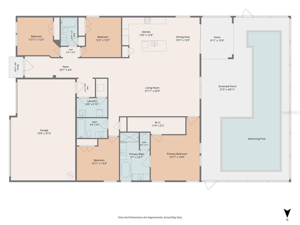 This floor plan shows a house layout with four bedrooms, a pool, and a garage — 1024 FERNLEAF RUN, BRADENTON, FL