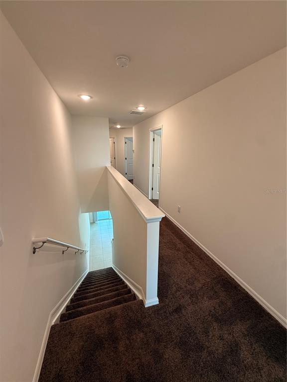 A carpeted hallway leads to a staircase with a white railing and multiple interior doors — 10771 IRONWOOD TREE WAY, SAN ANTONIO, FL