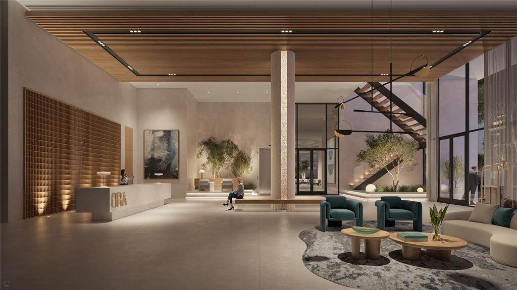 This rendering shows a modern hotel lobby with a reception desk, seating area, and staircase — 1101 E JACKSON STREET UNIT 3603, TAMPA, FL