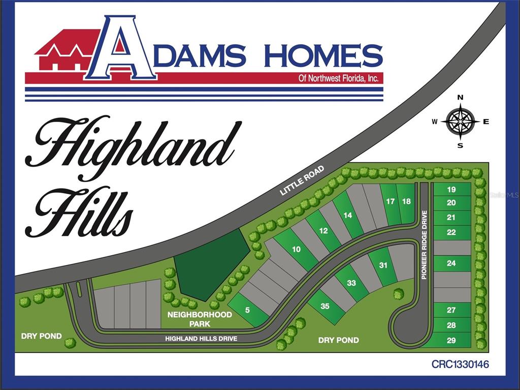 This is a site map for the Highland Hills residential community by Adams Homes — 9409 HIGHLAND HILLS DR STREET, HUDSON, FL