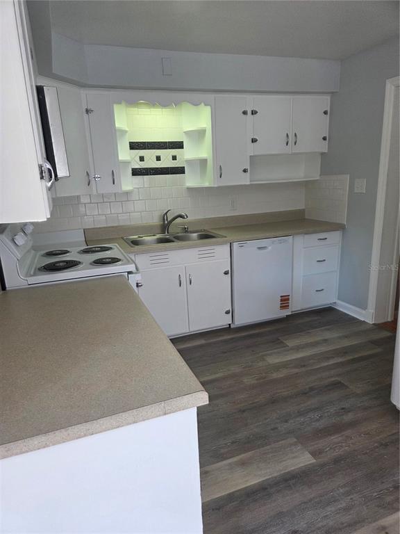 A kitchen with white cabinets, a double sink, a dishwasher, and wood-look flooring — 101 E ATWATER AVENUE, EUSTIS, FL