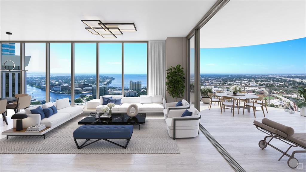 This rendering shows a modern living room with floor-to-ceiling windows and an attached outdoor balcony — 520 N TAMPA ST UNIT 3308, TAMPA, FL