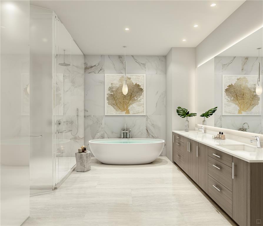 This rendering shows a modern bathroom with a freestanding tub, glass shower, and double vanity — 520 N TAMPA ST UNIT 3308, TAMPA, FL