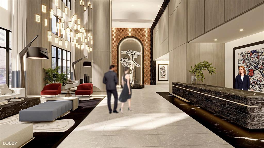 This rendering shows a modern hotel lobby with a marble reception desk and hanging light fixtures — 520 N TAMPA ST UNIT 3308, TAMPA, FL