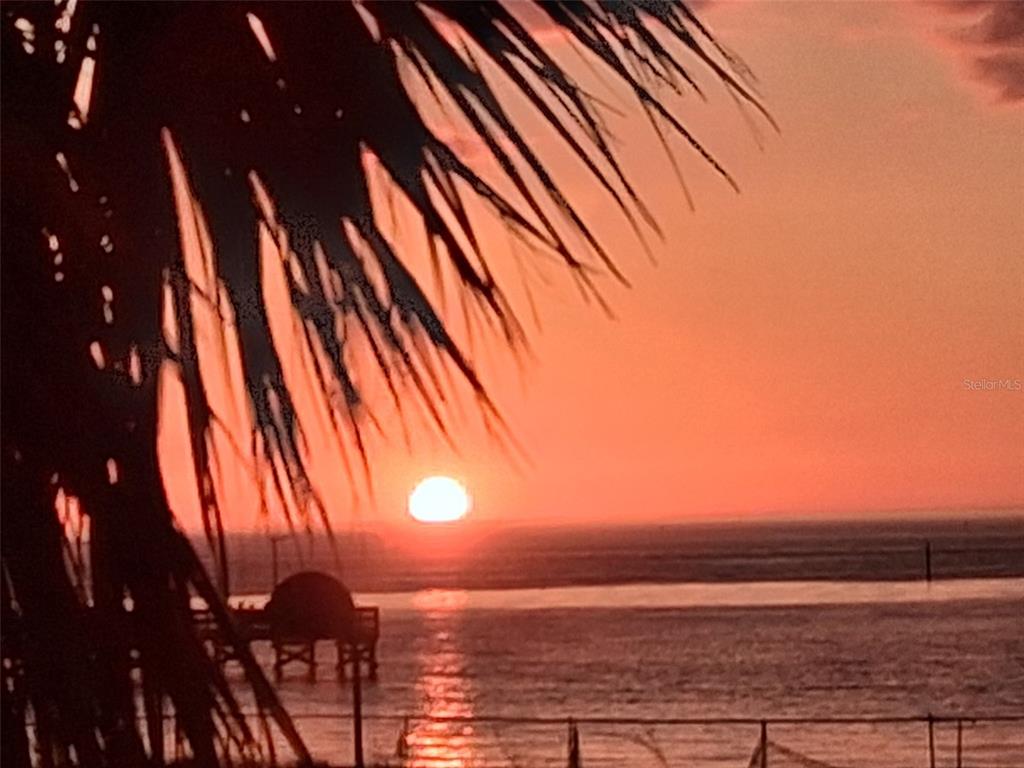 A sunset view over the water framed by palm fronds with a pier in the distance — 611 B DESTINY DRIVE, RUSKIN, FL