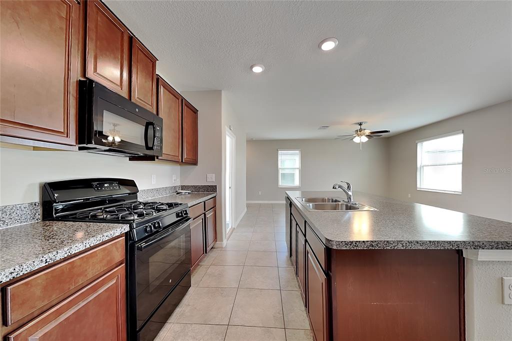 A kitchen features dark wood cabinets, granite countertops, black appliances, and a large center island — 4906 WHITE CHICORY DRIVE, APOLLO BEACH, FL