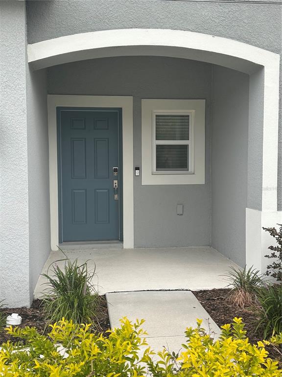 A blue front door and a window are set within a covered entryway — 2358 PARAVANE WAY, WESLEY CHAPEL, FL