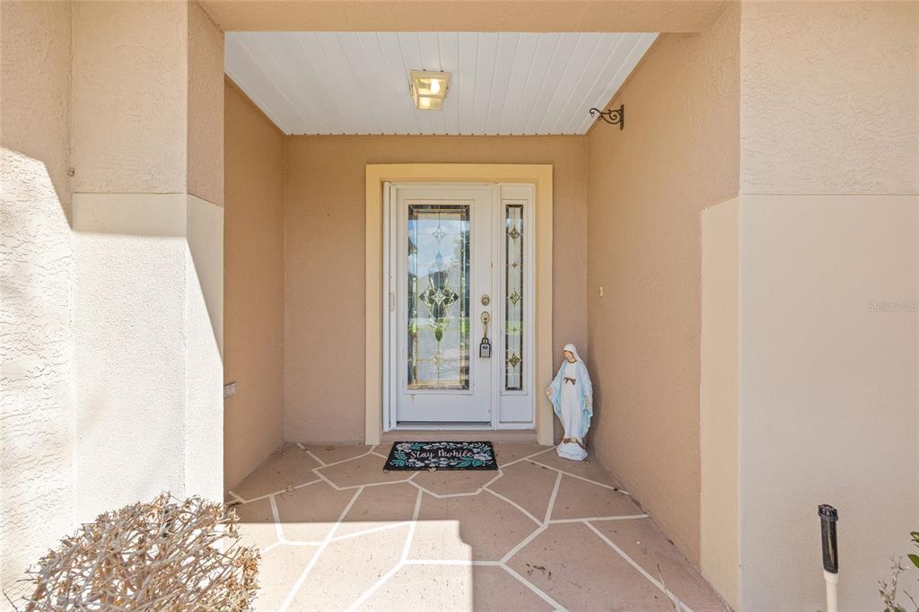 A covered entryway features a white front door with glass inserts and a stone floor — 9210 SE 118TH LOOP, SUMMERFIELD, FL