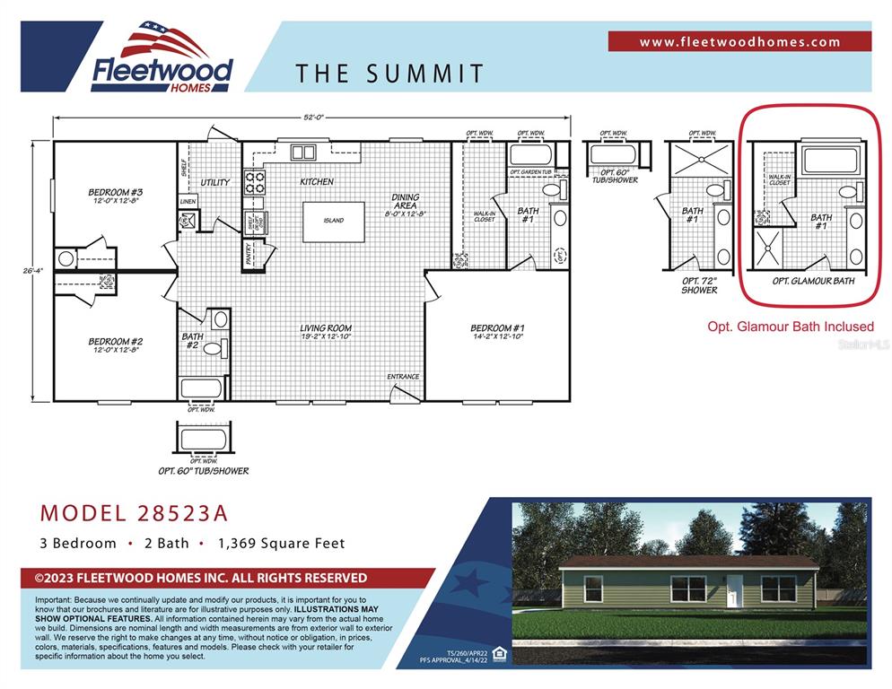 This floor plan shows a three-bedroom, two-bathroom manufactured home with an optional glamour bath layout — 20213 NW 258TH STREET, OKEECHOBEE, FL