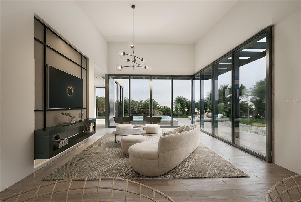 This rendering shows a modern living room with floor-to-ceiling windows, a fireplace wall, and pool — 35 D ST UNIT 10, GUAYNABO, PR