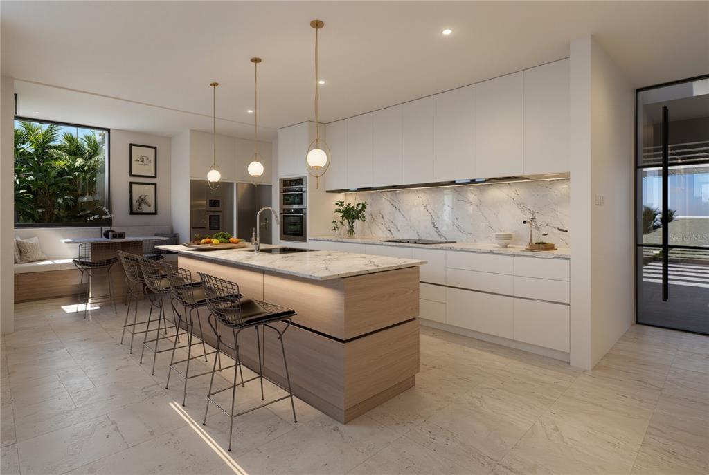 This rendering shows a modern kitchen with a wood-paneled island, marble countertops, and white cabinetry — 35 D ST UNIT 10, GUAYNABO, PR