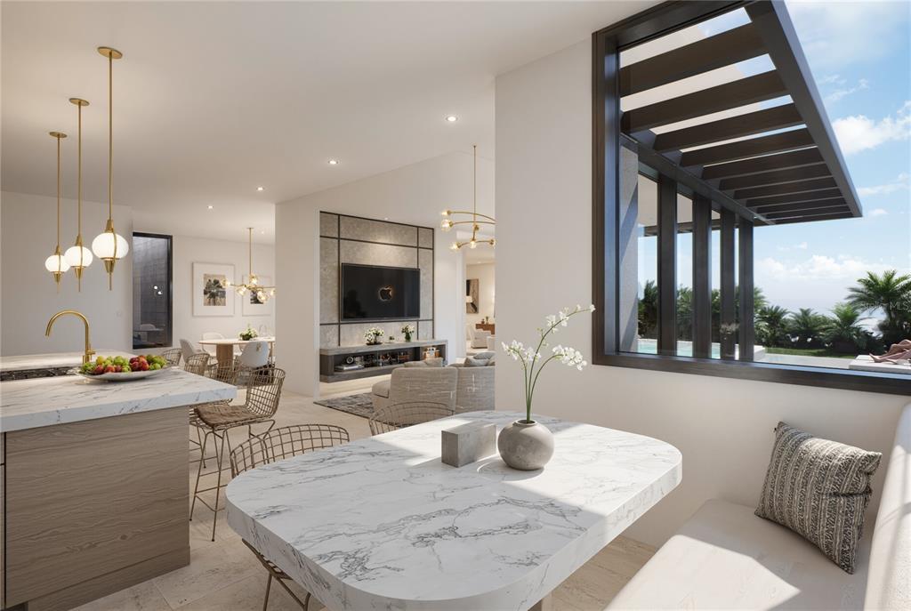 This rendering shows a modern kitchen and dining area with marble surfaces and outdoor views — 35 D ST UNIT 10, GUAYNABO, PR