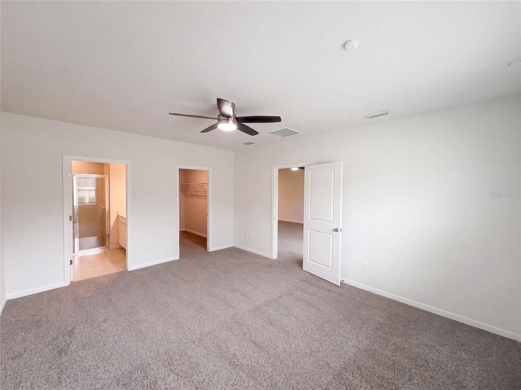 A bedroom with gray carpet, a ceiling fan, and three doorways leading to other rooms — 17917 TURNING LEAF CIRCLE, LAND O LAKES, FL