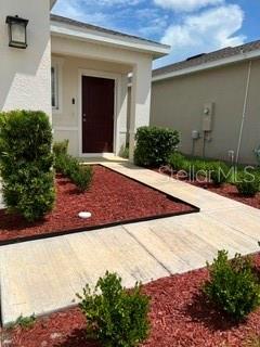 A concrete walkway leads to the front door of a house with red mulch landscaping — 17973 DAIRY FARM COURT, LAND O LAKES, FL