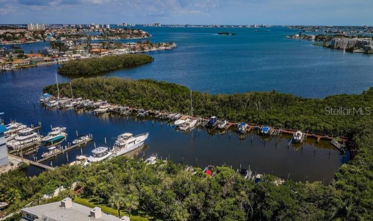 An aerial view shows a marina with multiple boats docked along a wooden pier — 1332 PASADENA AVENUE S UNIT 501, SOUTH PASADENA, FL
