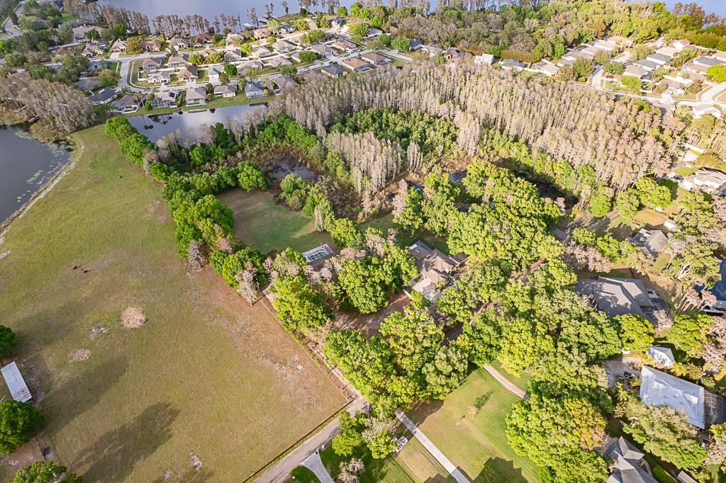 An aerial view shows a house surrounded by trees, a large lawn, and nearby ponds — 13815 PLAINVIEW ROAD, ODESSA, FL
