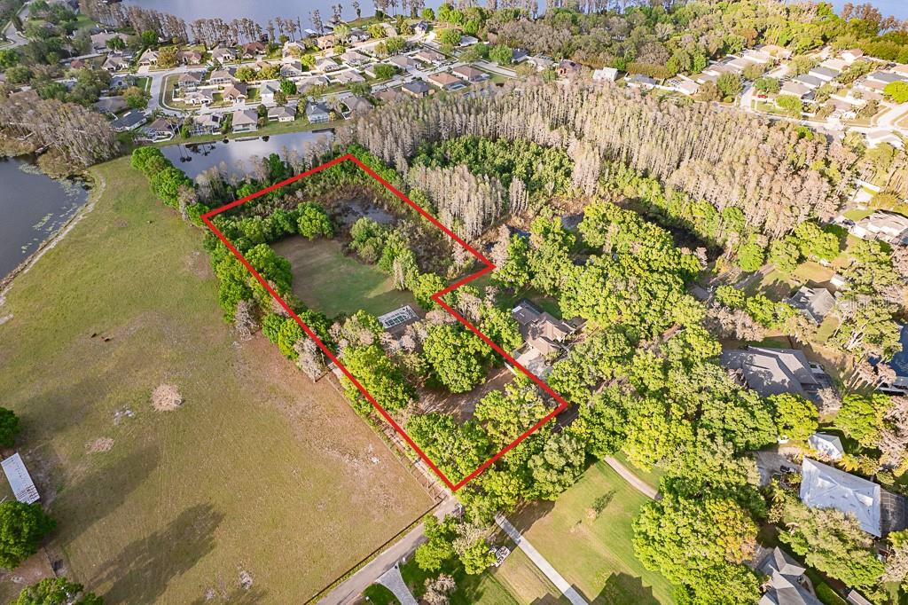 An aerial view shows a residential lot outlined in red, featuring trees and a pond — 13815 PLAINVIEW ROAD, ODESSA, FL