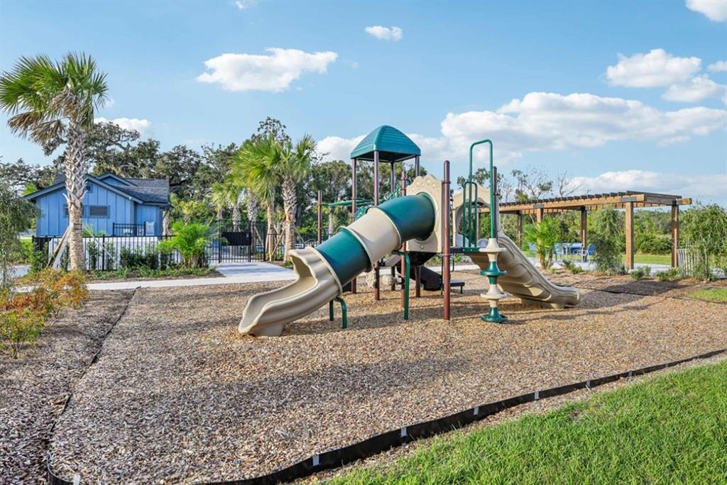 A playground with a slide structure sits on a wood-mulched area near a blue building — 5813 NATIVE OAK STREET, MOUNT DORA, FL