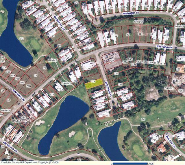 This is an aerial map showing a highlighted residential lot located on a cul-de-sac — 10 WINDWARD PLACE, PLACIDA, FL