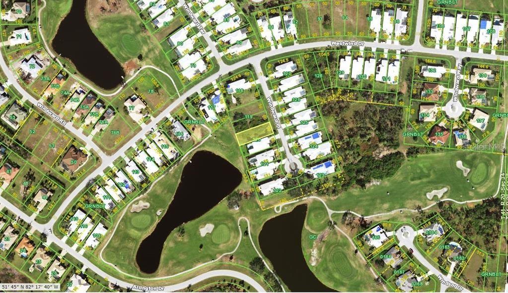 This is a satellite map showing residential lots and a golf course in a neighborhood — 10 WINDWARD PLACE, PLACIDA, FL