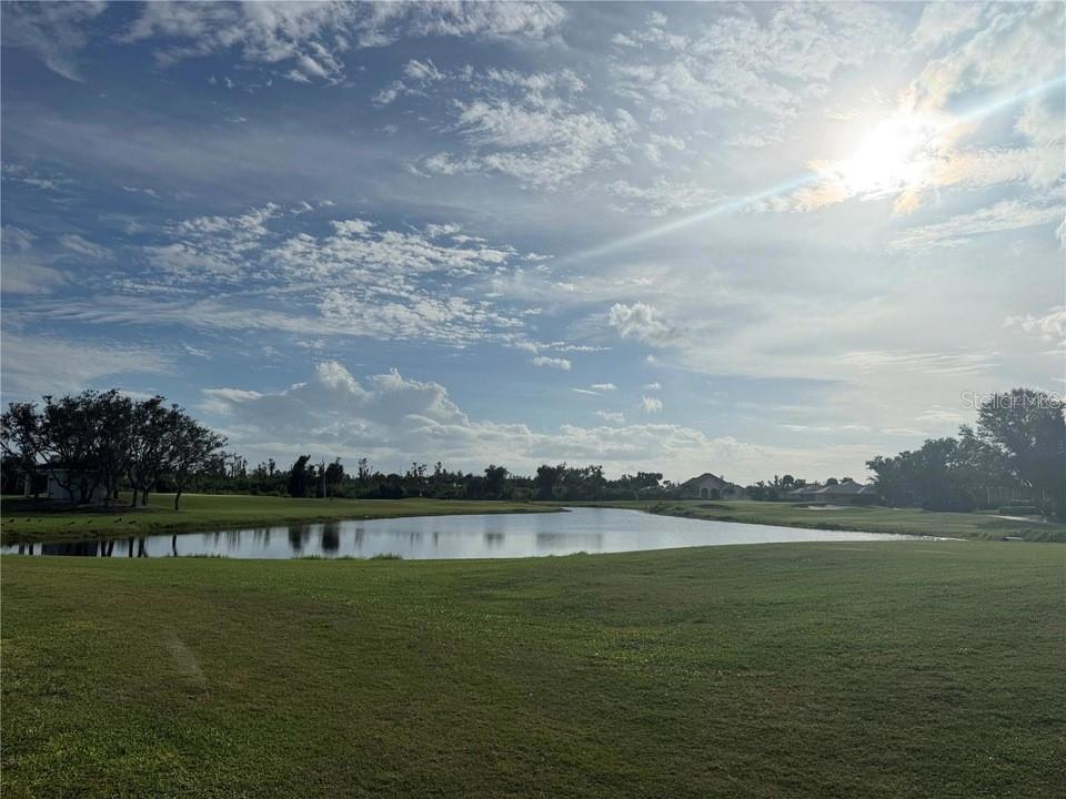 A grassy lawn overlooks a pond with trees and houses in the distance — 10 WINDWARD PLACE, PLACIDA, FL