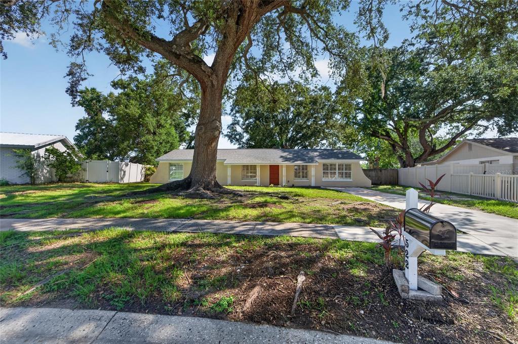 A single-story house with a beige exterior, a red front door, and a concrete driveway — 522 HIGHVIEW CIRCLE N, BRANDON, FL