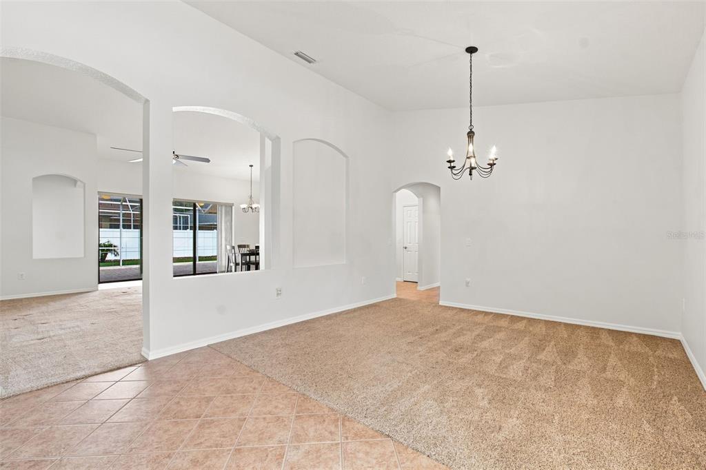 A carpeted living room with a chandelier, arched wall cutouts, and adjacent tiled entryway — 10260 SHADOW BRANCH DRIVE, TAMPA, FL