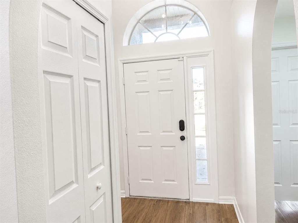 An entryway features a white front door with a sidelight, an arched transom, and wood flooring — 13402 COPPER HEAD DRIVE, RIVERVIEW, FL