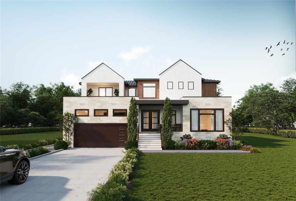 A rendering of a two-story white house with a pool and a wooden dock — 4692 DOVER STREET NE, ST PETERSBURG, FL