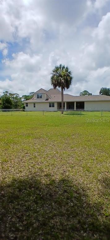 A large, light-colored house with a palm tree stands behind a fenced, grassy yard — 10264 W SPRINGTREE LANE, CRYSTAL RIVER, FL