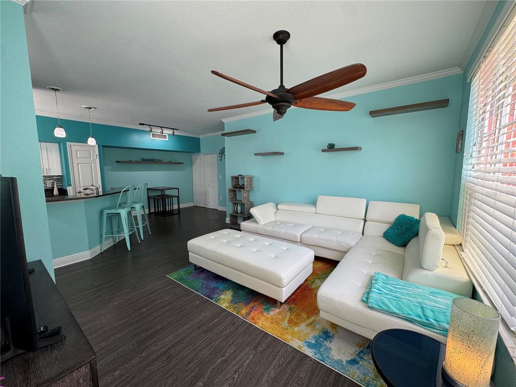 A living room with light blue walls, a white sectional sofa, and a colorful rug — 9288 LAKE CHASE ISLAND WAY, TAMPA, FL
