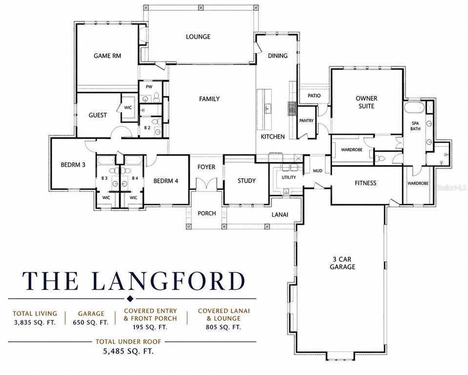This is a floor plan for a single-story house named The Langford — TBD ROYAL PALM DRIVE, GROVELAND, FL