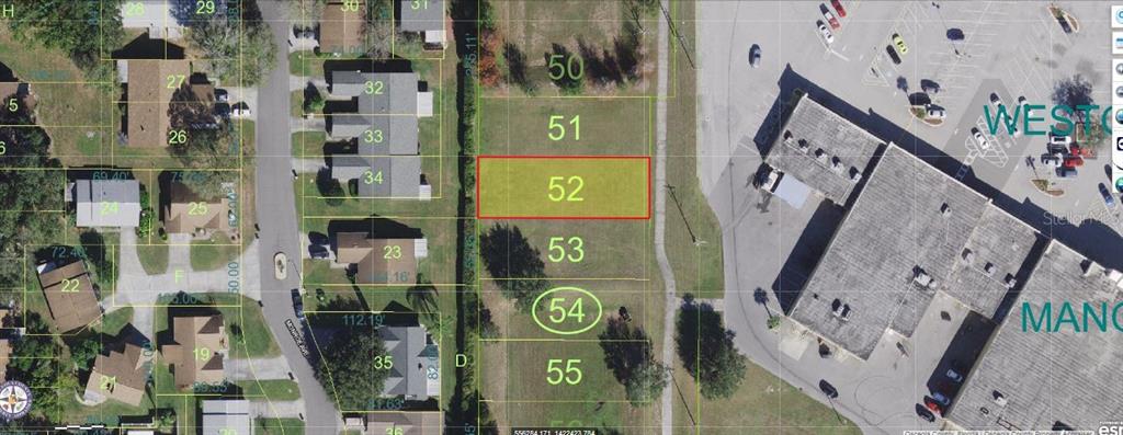 This is a map showing a highlighted rectangular land parcel numbered 52 — 3441 13TH ST ROAD, ST CLOUD, FL
