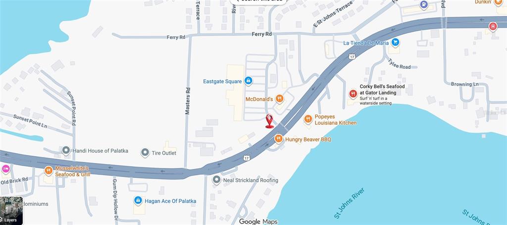 This is a map showing the area around the St. Johns River in Palatka, Florida — 162 S US HIGHWAY 17, EAST PALATKA, FL