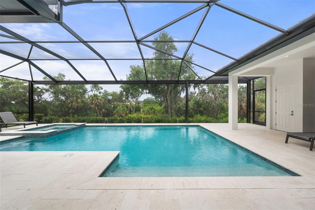 A screened-in pool area with a spa, light-colored stone decking, and a view of trees — 11721 RIVE ISLE RUN, PARRISH, FL