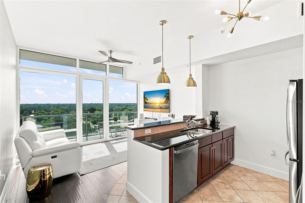 A modern kitchen with dark wood cabinets and granite countertops overlooks a living area with balcony — 101 S EOLA DRIVE UNIT 905, ORLANDO, FL
