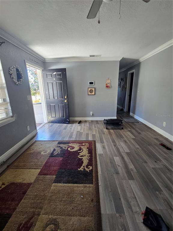 An entryway features gray walls, wood-look flooring, a dark front door, and a patterned rug — 125 EDGEWATER DRIVE, WINTER HAVEN, FL