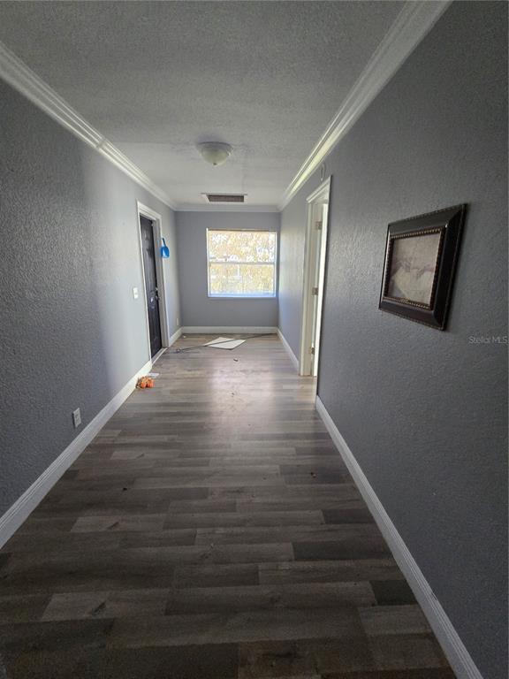 A hallway with gray walls, wood-look flooring, a window at the end, and two doorways — 125 EDGEWATER DRIVE, WINTER HAVEN, FL